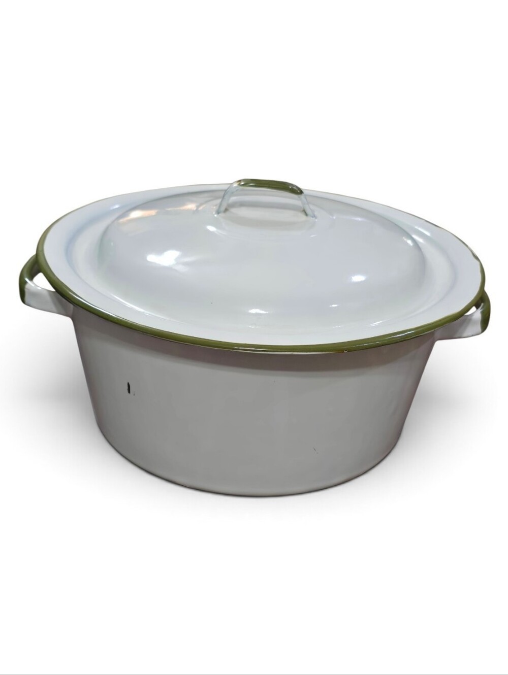 Vintage White Enamel Dutch Oven with Olive Green Trim - Home Kitchen